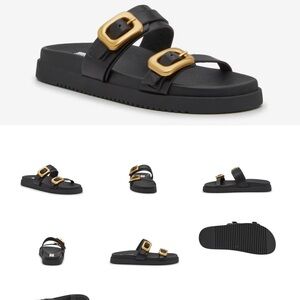 Steve Madden Marcey Black Slide Sandals with Gold Buckles
Size 7.5